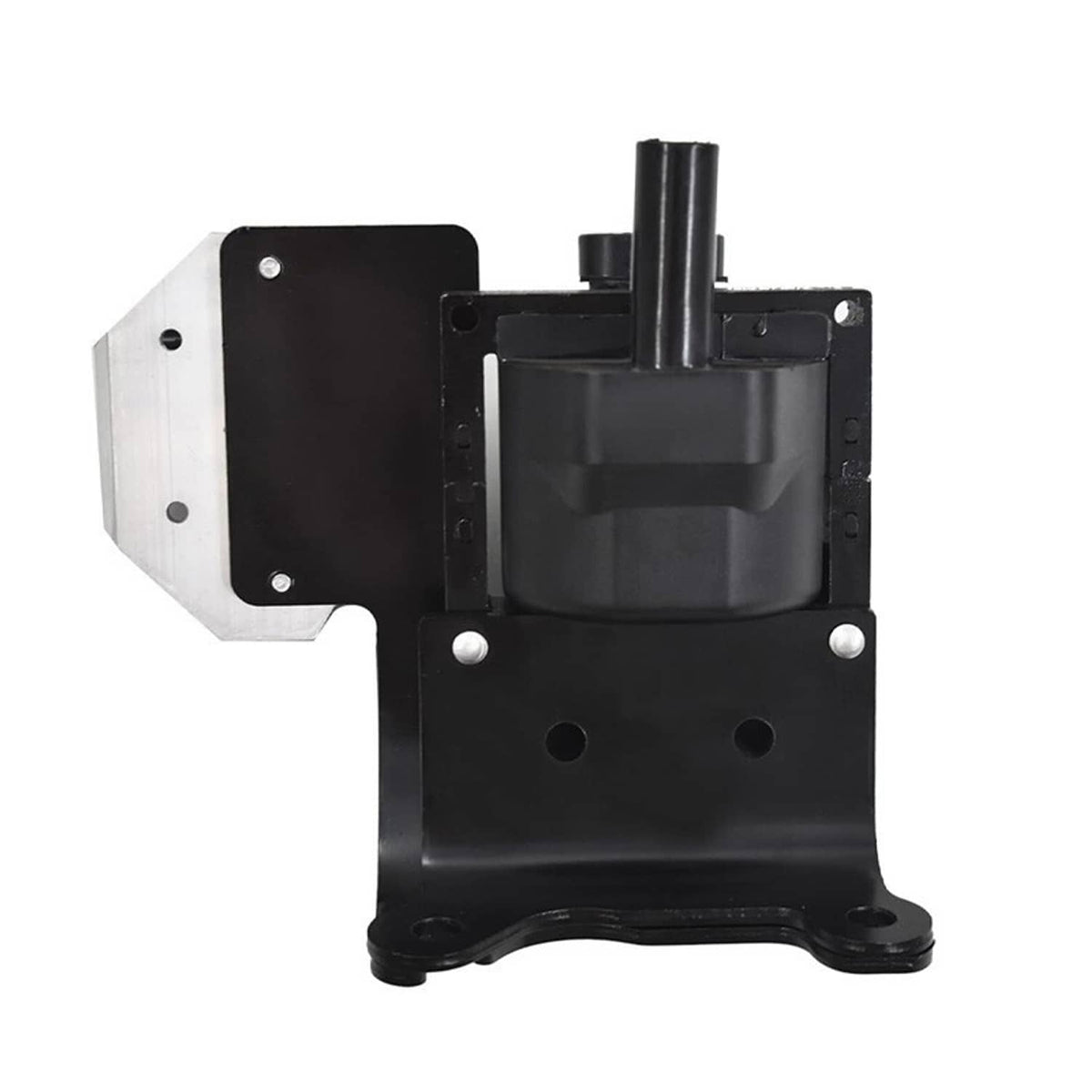 Black ignition coil module with mounted ignition housing and tall plastic vent