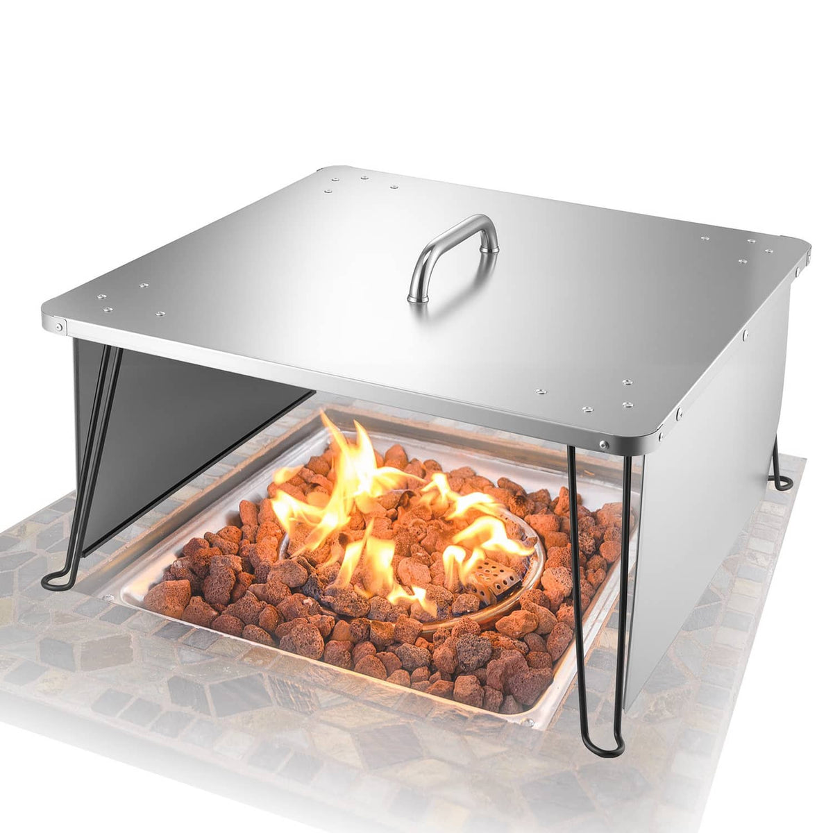 Stainless steel heat deflector cover for fire pit, with flames visible inside