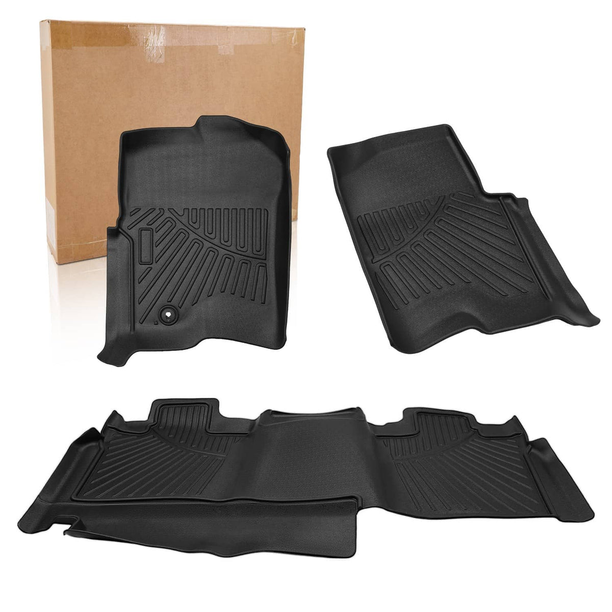 Black TPE floor mat set with three molded pieces, raised channels and border edges