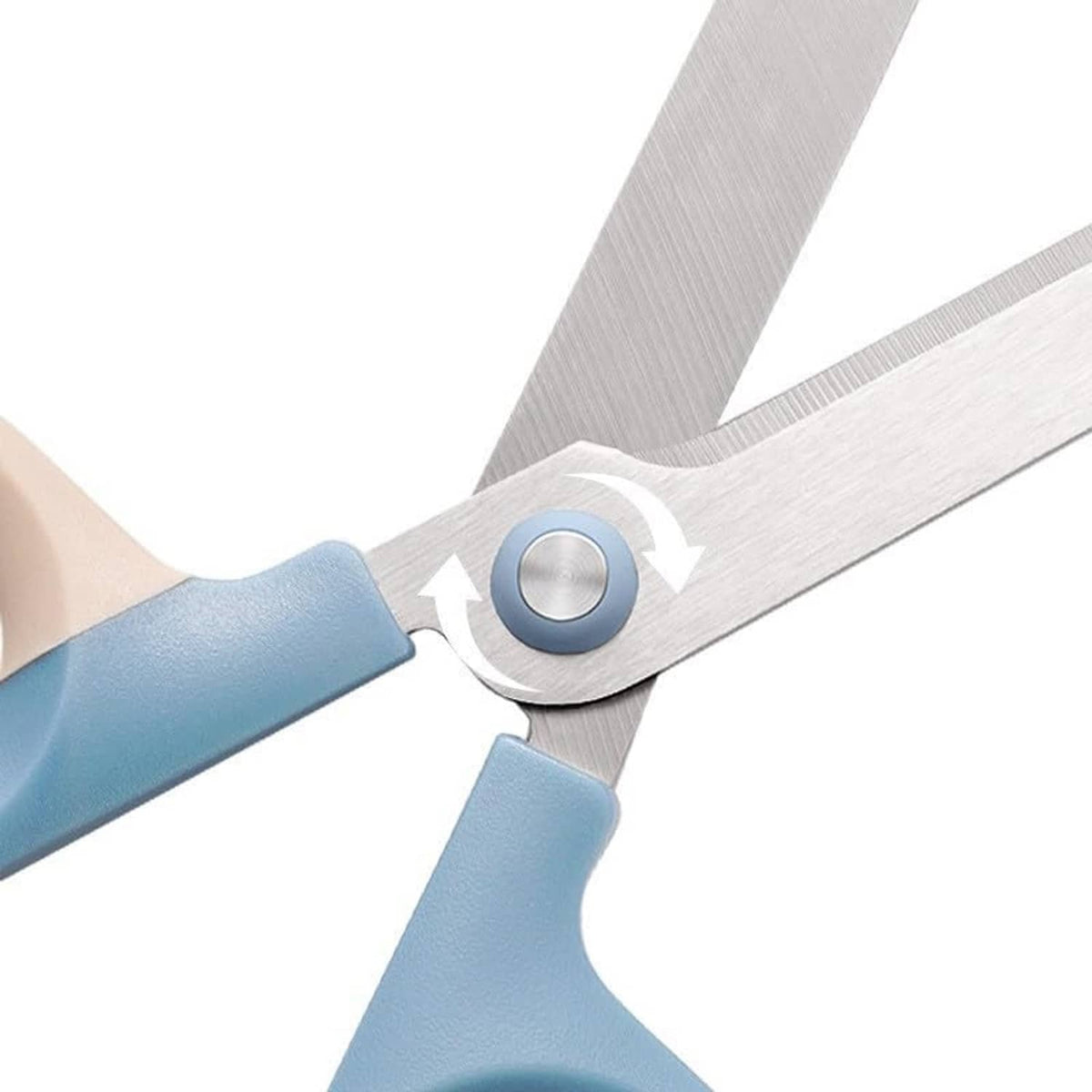 Close-up of craft scissors pivot and blue handle, showing silver blades and screw