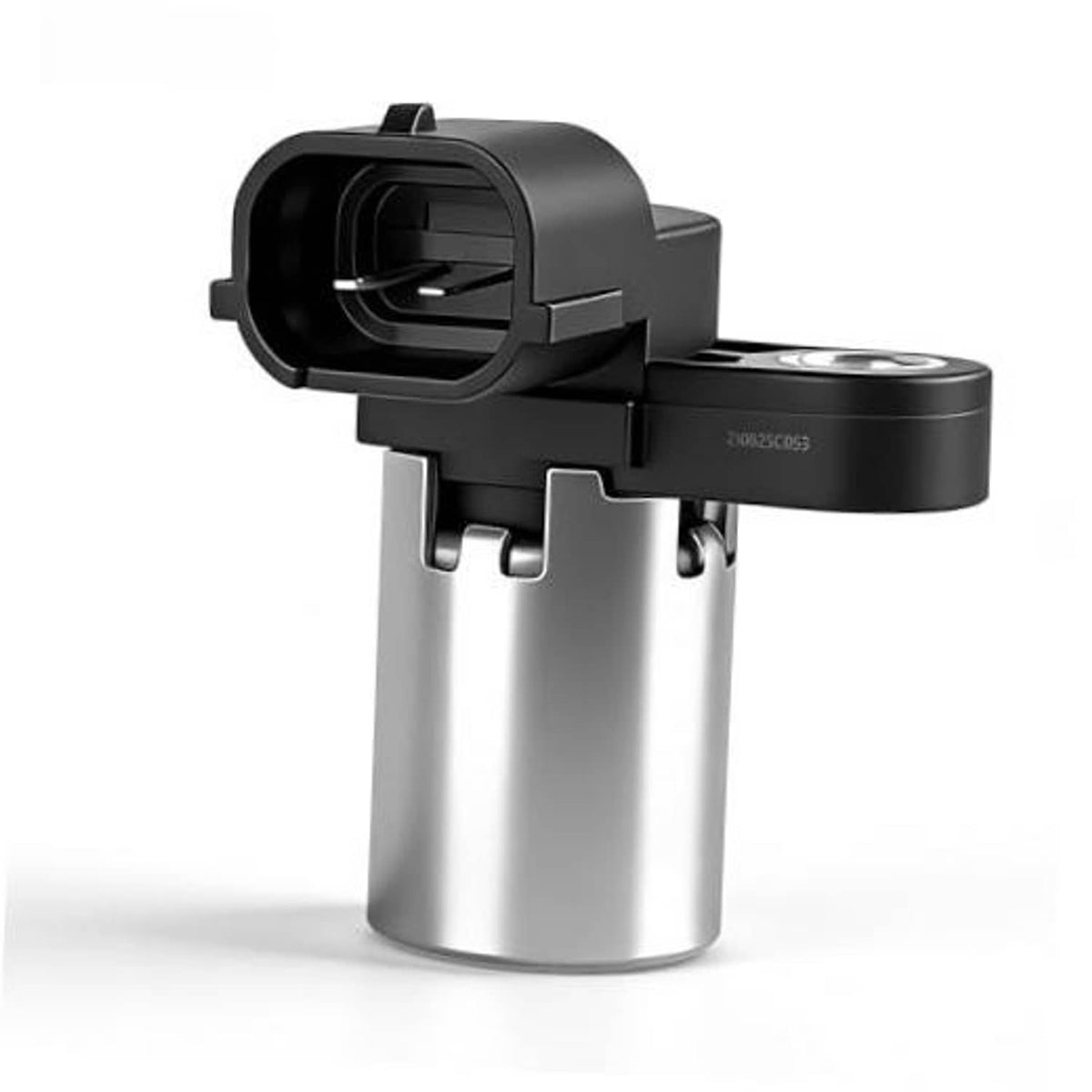 Camshaft position sensor with black connector housing and silver cylindrical body