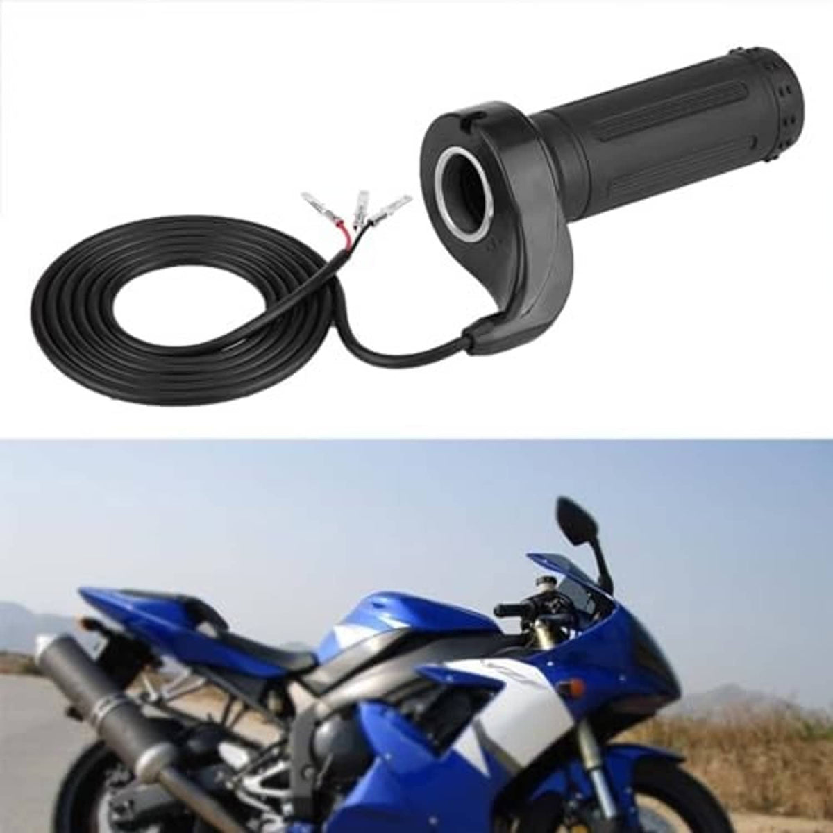 Electric scooter throttle assembly with black grip and coiled cable with 3-pin leads
