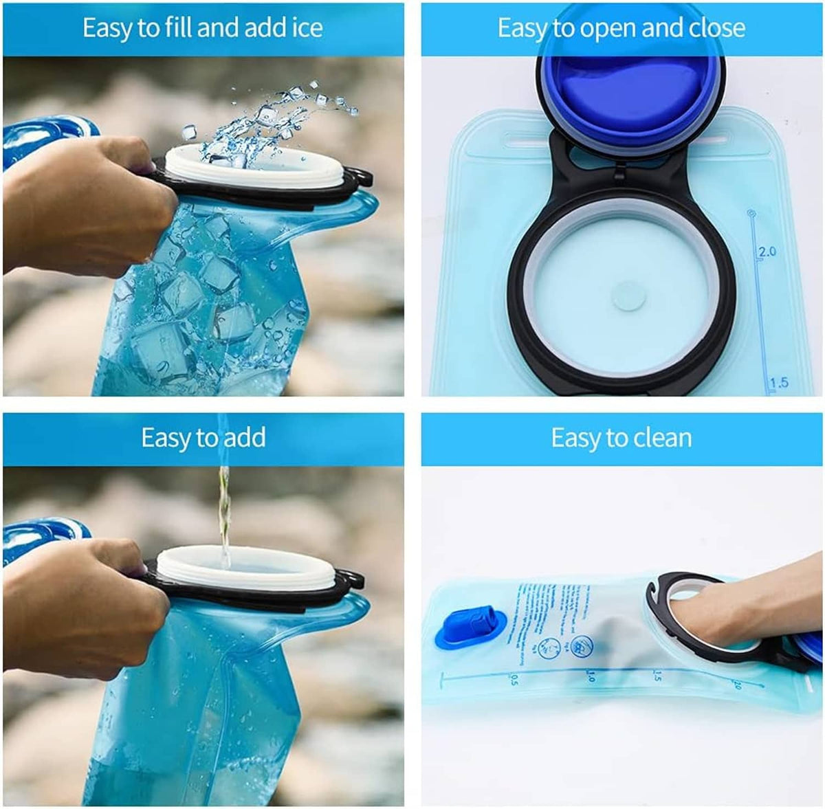 Blue hydration bladder with wide opening and screw cap, shown being filled with ice