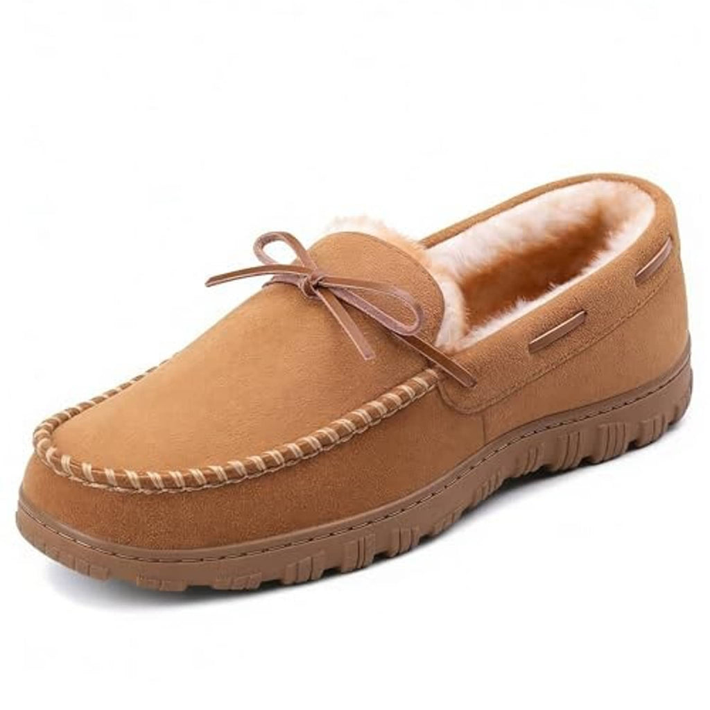 Light brown plush moccasin slippers with sherpa-like lining and stitched moc toe