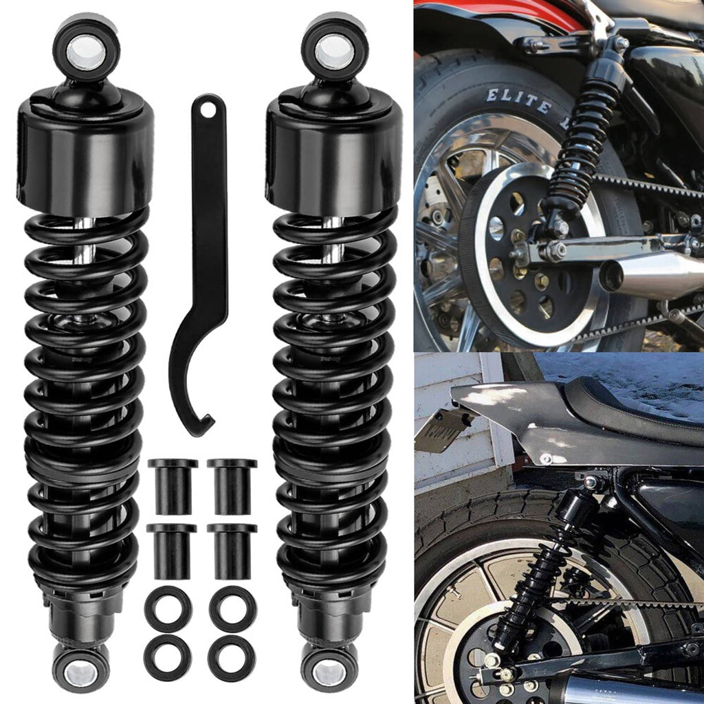 Adjustable rear shock absorbers with black finish and included mounting hardware