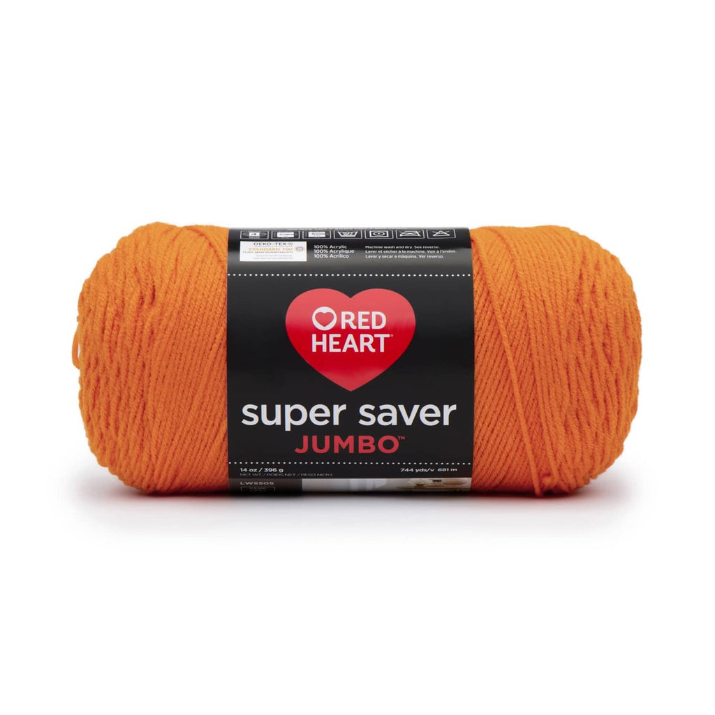 Red Heart Super Saver Jumbo yarn skein in pumpkin orange with label