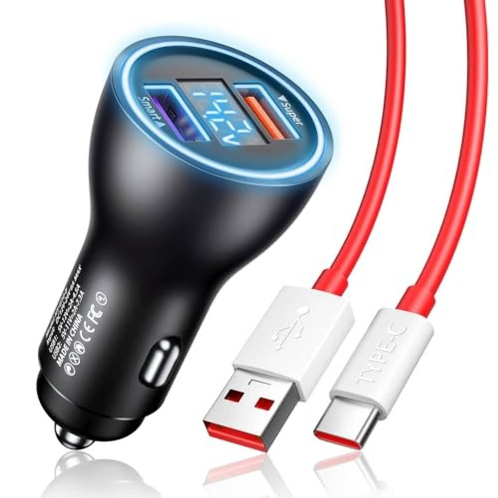 Black car USB charger with blue display, red cable with USB-A plug and Type-C connector