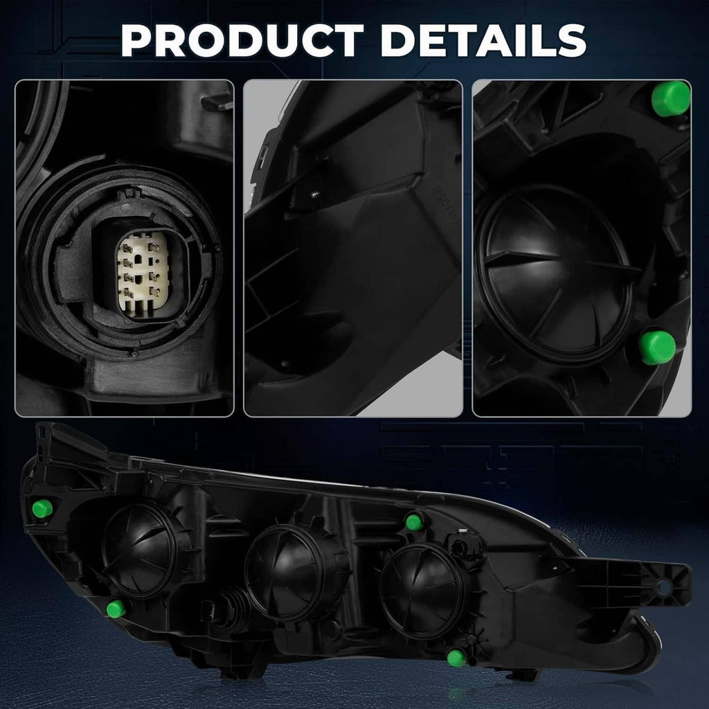 Left halogen headlight internals with sockets and lens chambers shown in detail.