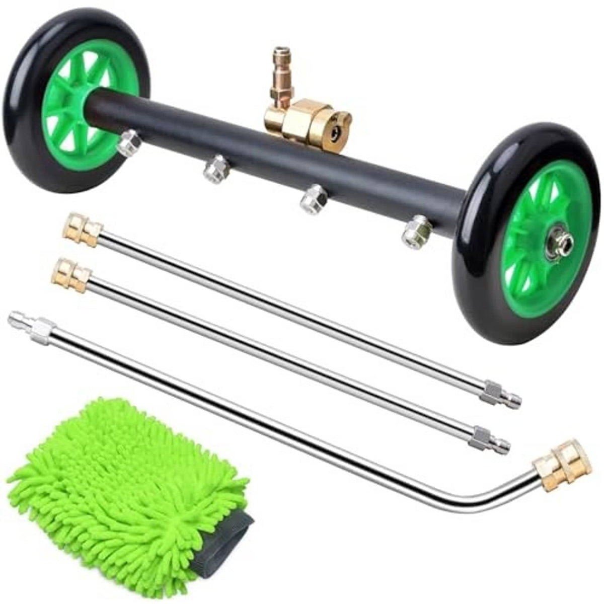 Undercarriage pressure washer attachment with black wand, green wheels, and brass couplers
