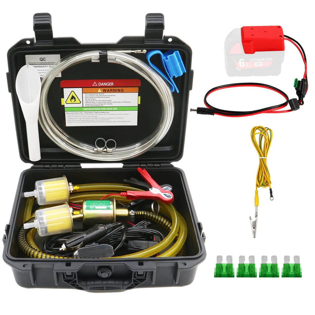 Cordless fuel transfer pump kit in a hard case with cables, hose, and clamps