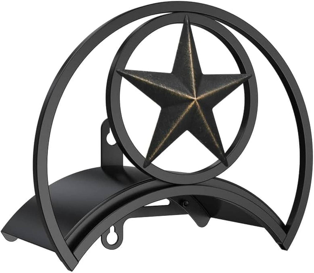 Black decorative garden hose wall holder with star emblem, circular rings, and side hooks