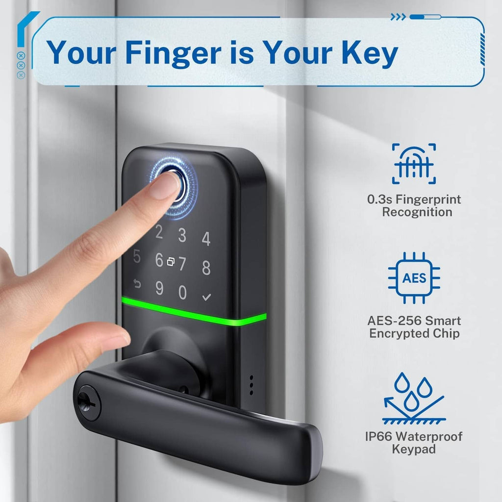Black keypad door lock with fingerprint sensor and lever handle, keypad digits