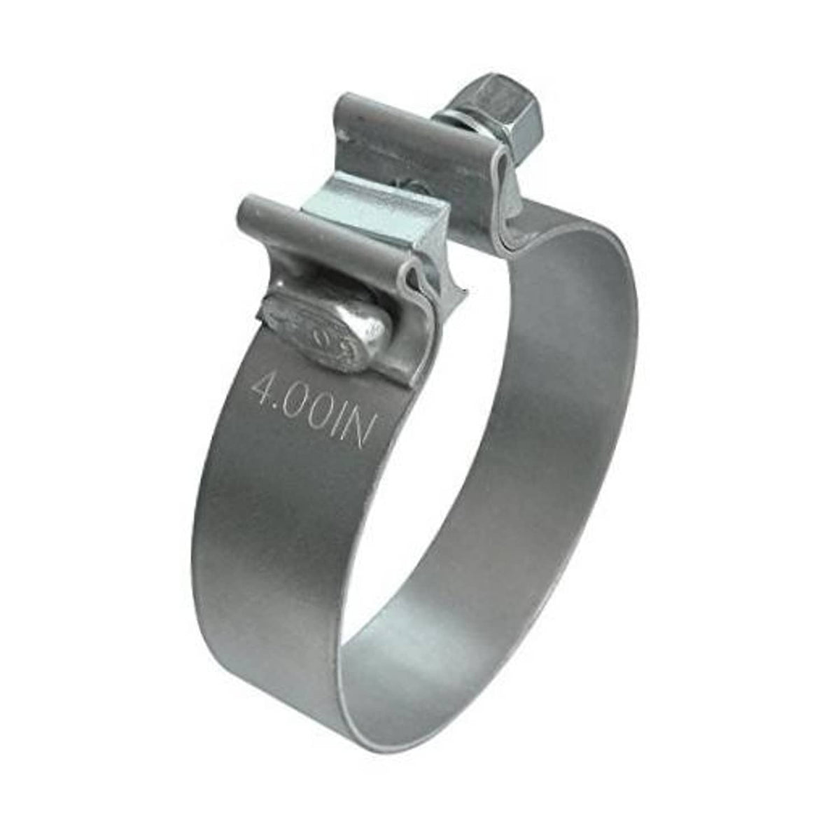 4-inch narrow band exhaust clamp with stamped bolt and steel band, metallic gray
