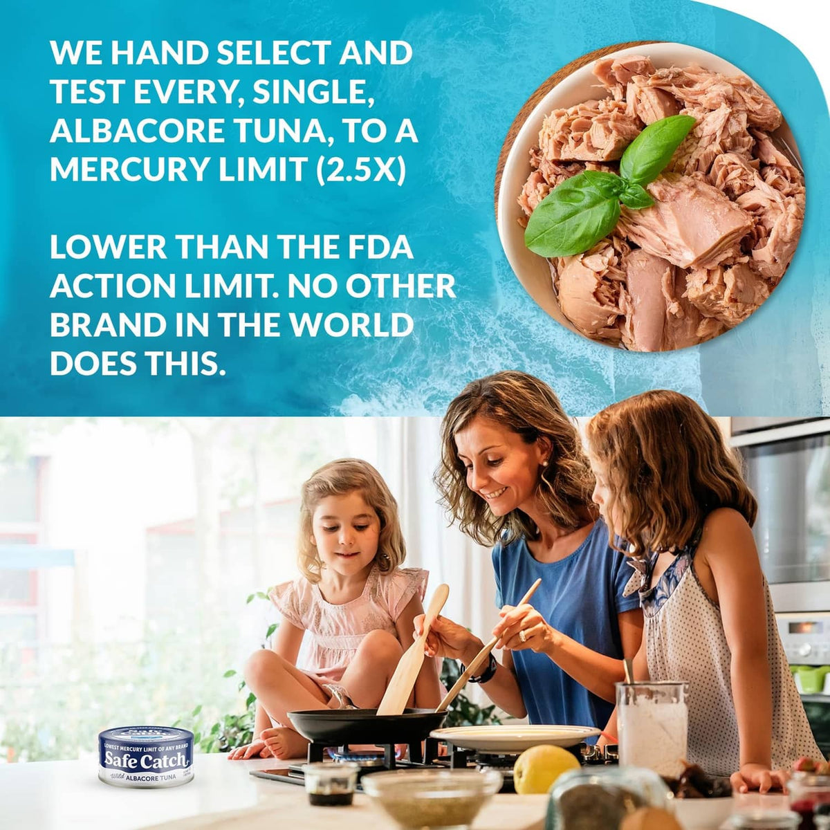 Safe Catch wild albacore tuna canned fish with blue label on a dining table.