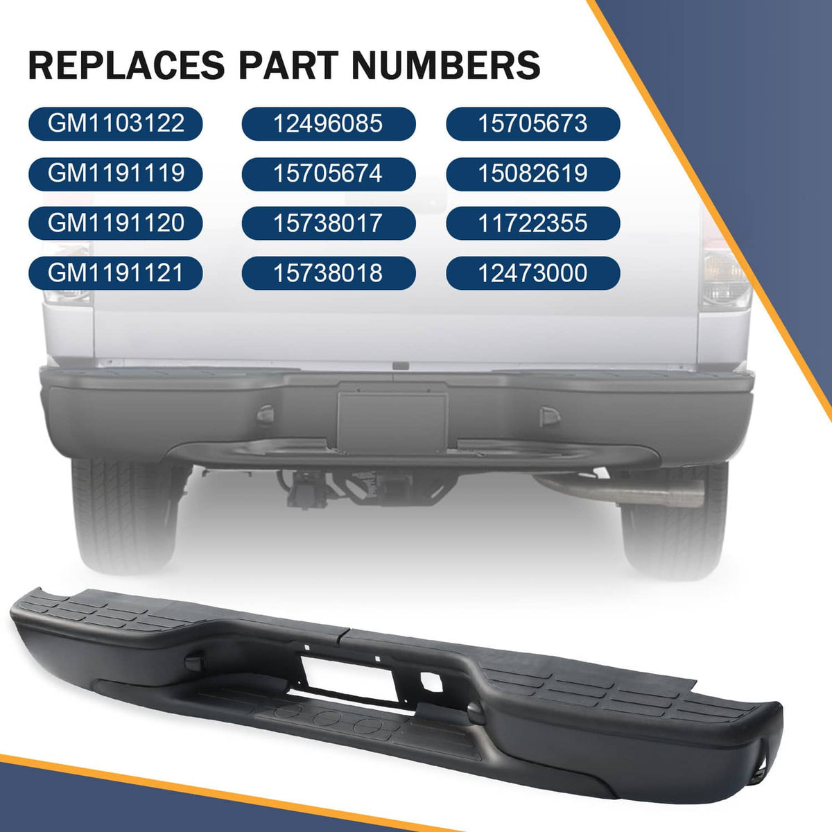 Black rear step bumper with textured top, shown from front and underside view
