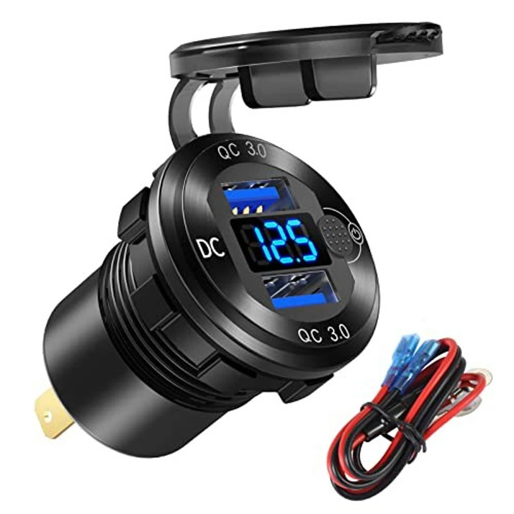 QC 3.0 dual USB car charger socket with blue LED volt readout and wiring leads