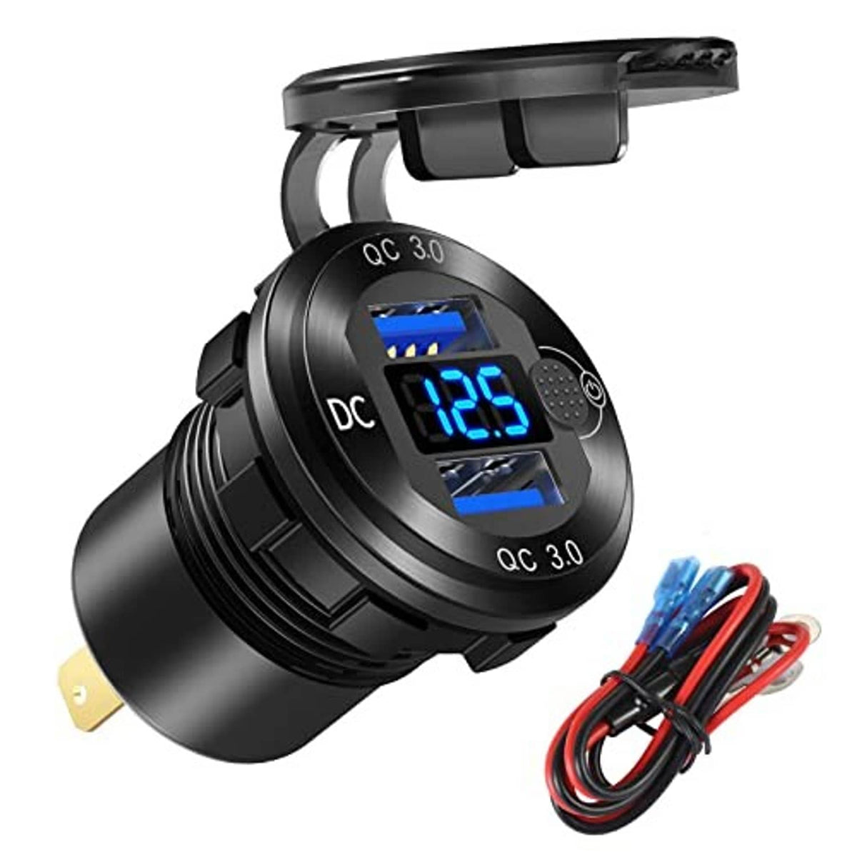 QC 3.0 dual USB car charger socket with blue LED volt readout and wiring leads
