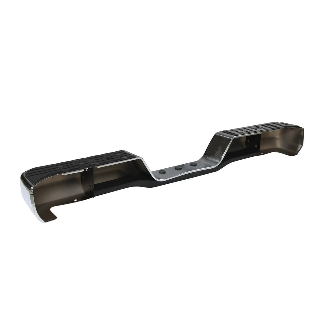 Chrome rear step bumper face bar with hollow mounting openings and textured pads