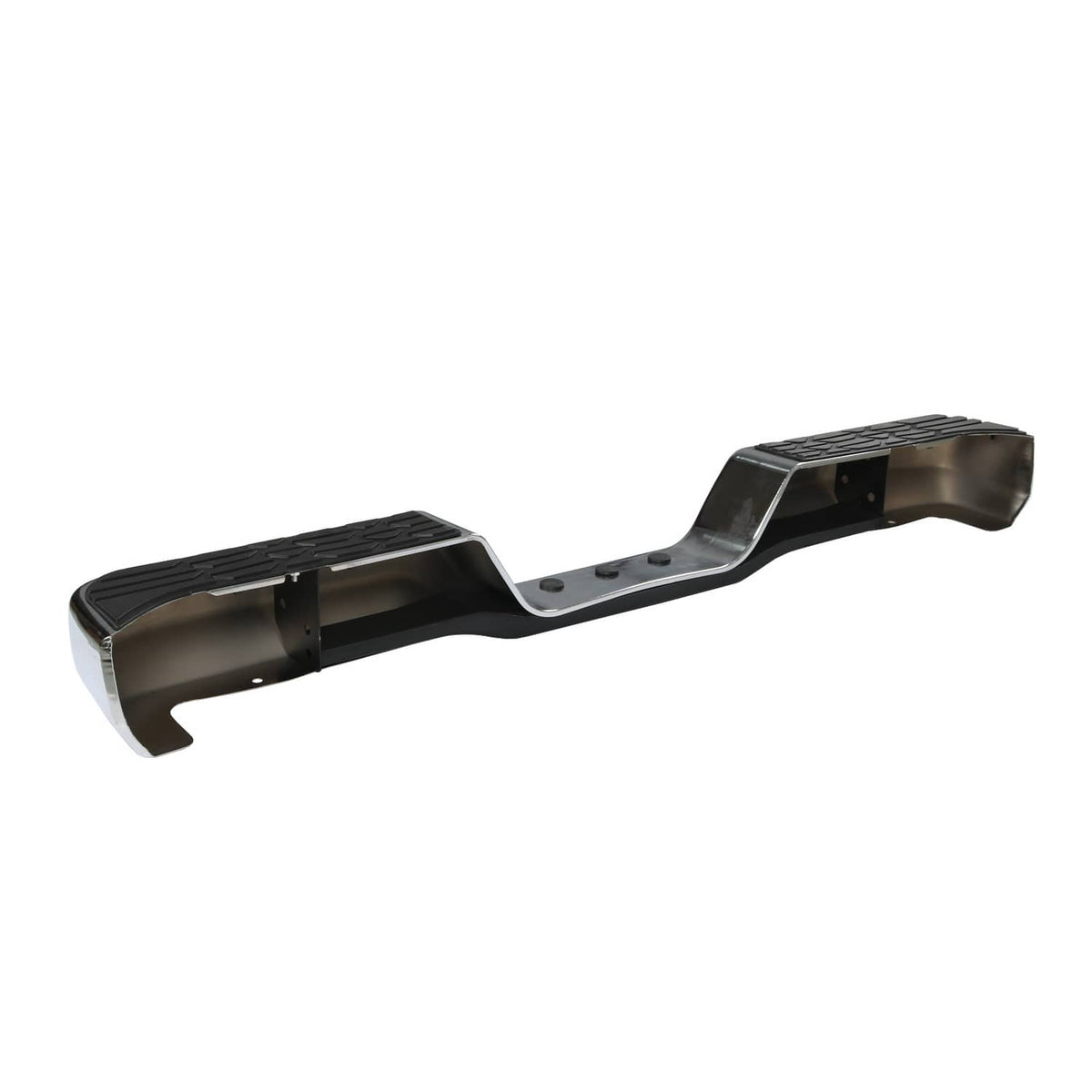 Chrome rear step bumper face bar with hollow mounting openings and textured pads