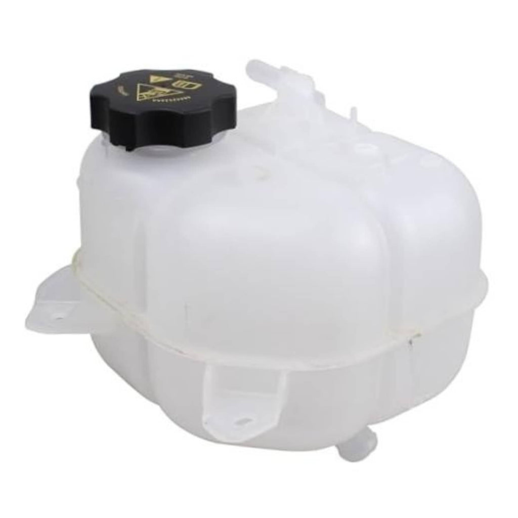 White engine coolant reservoir tank bottle with black cap and side hose fittings