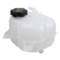 White engine coolant reservoir tank bottle with black cap and side hose fittings