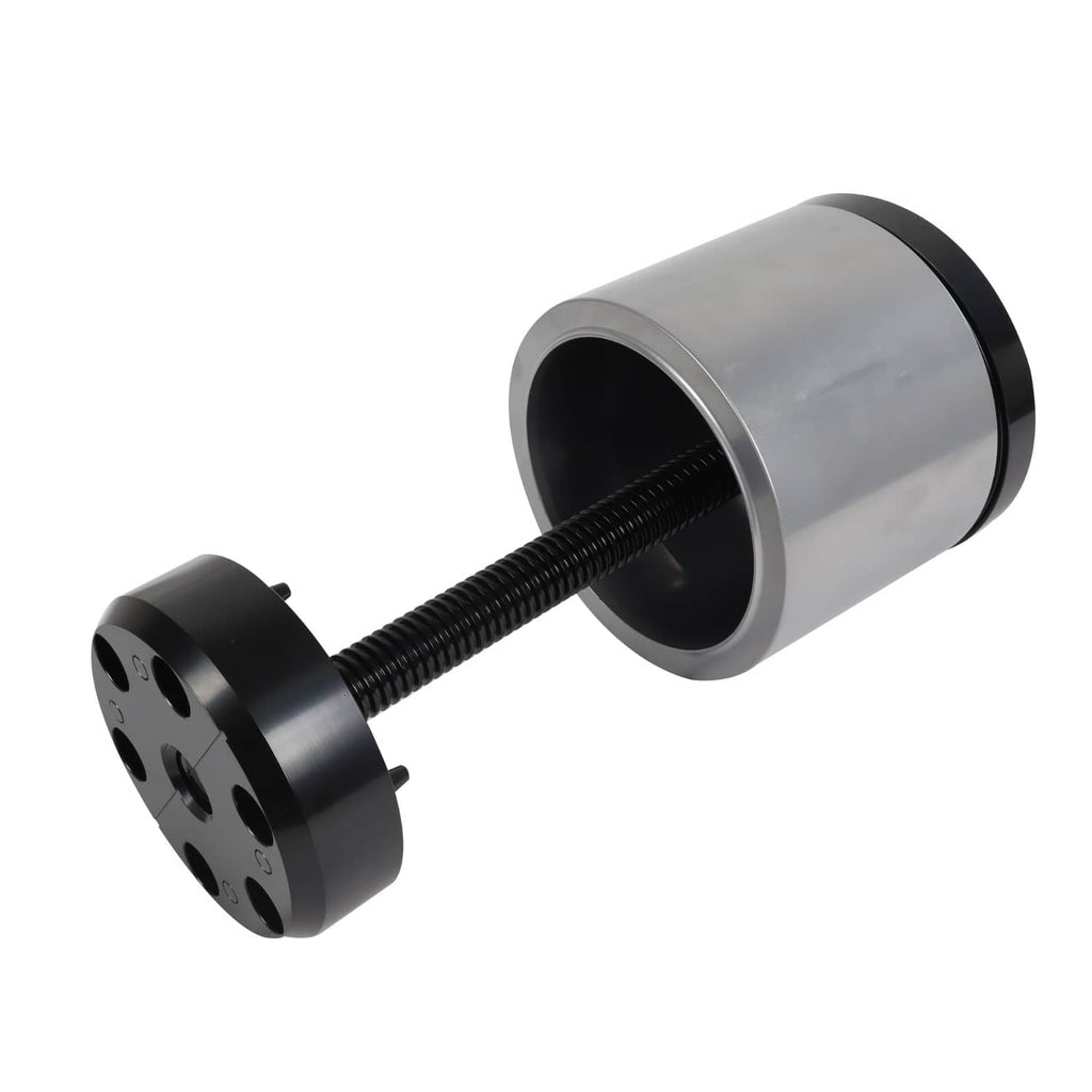 Bushing installation tool with silver bushing sleeve and black mounting plate ends