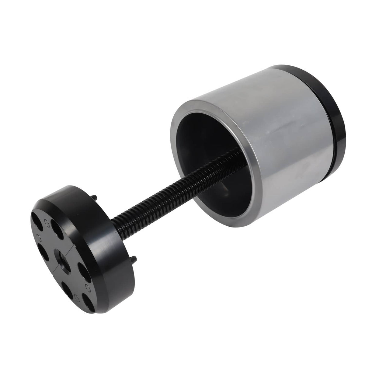 Bushing installation tool with silver bushing sleeve and black mounting plate ends