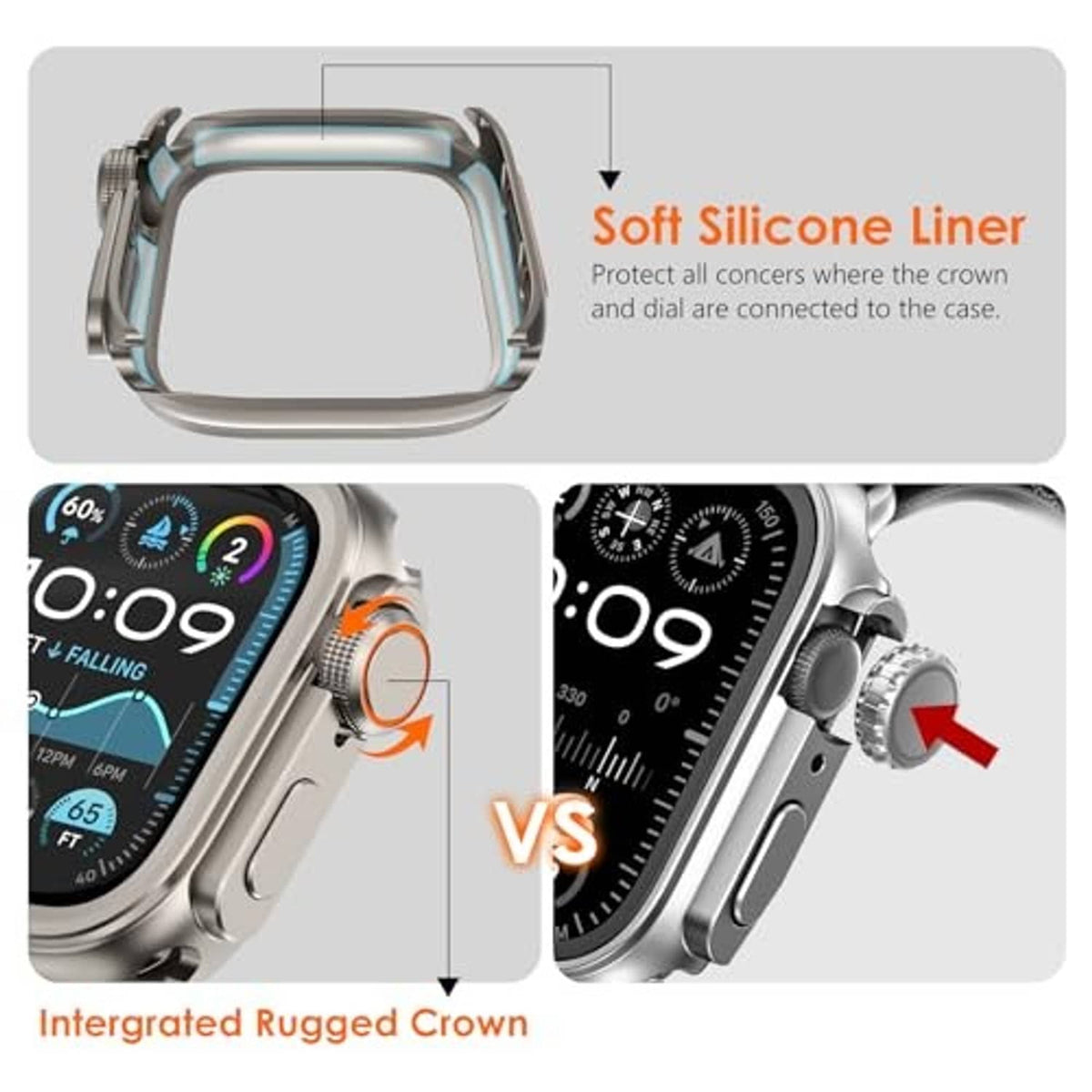 Titanium-tone metal case with soft silicone liner and integrated rugged crown