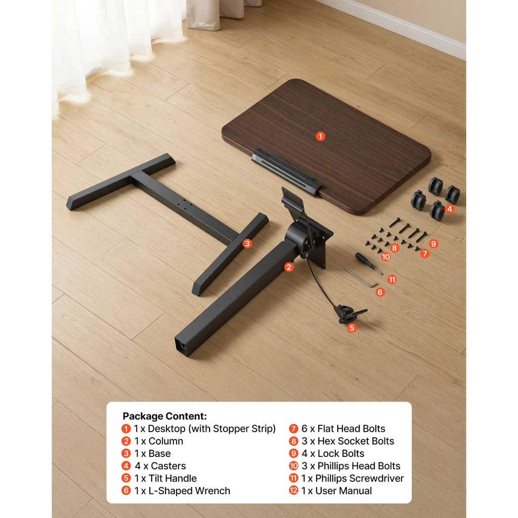 Standing desk parts layout with desktop, base frame, column, handle, and hardware