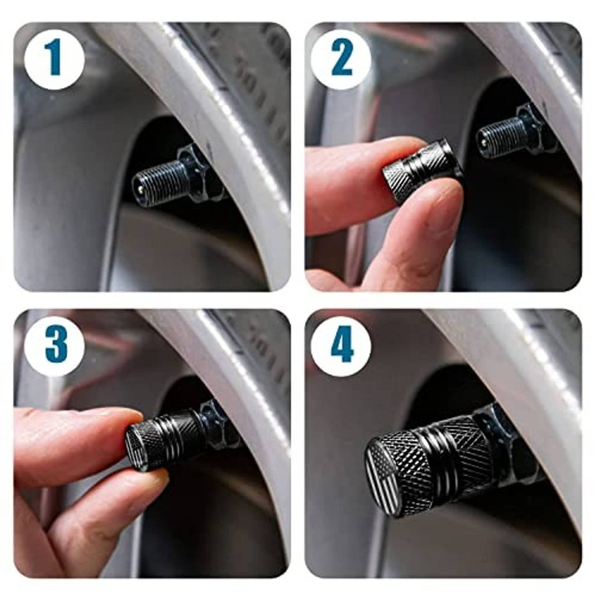 Black tire valve stem cap being installed on a car valve stem, close-up