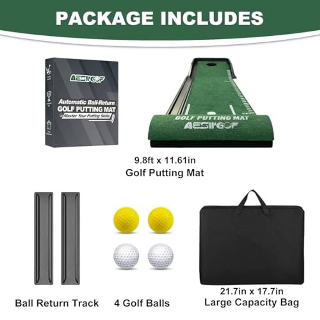 Golf putting mat set: mat, ball-return track, 4 balls, and large storage bag