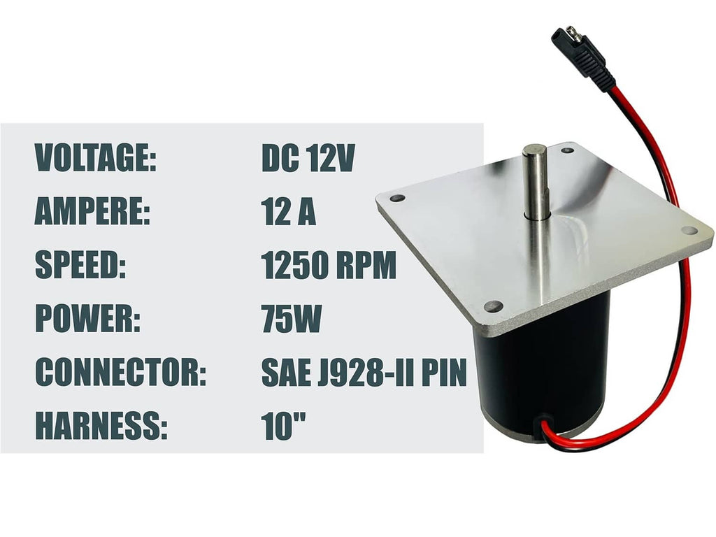 DC salt spreader motor with black housing, metal mounting plate, and wiring connector