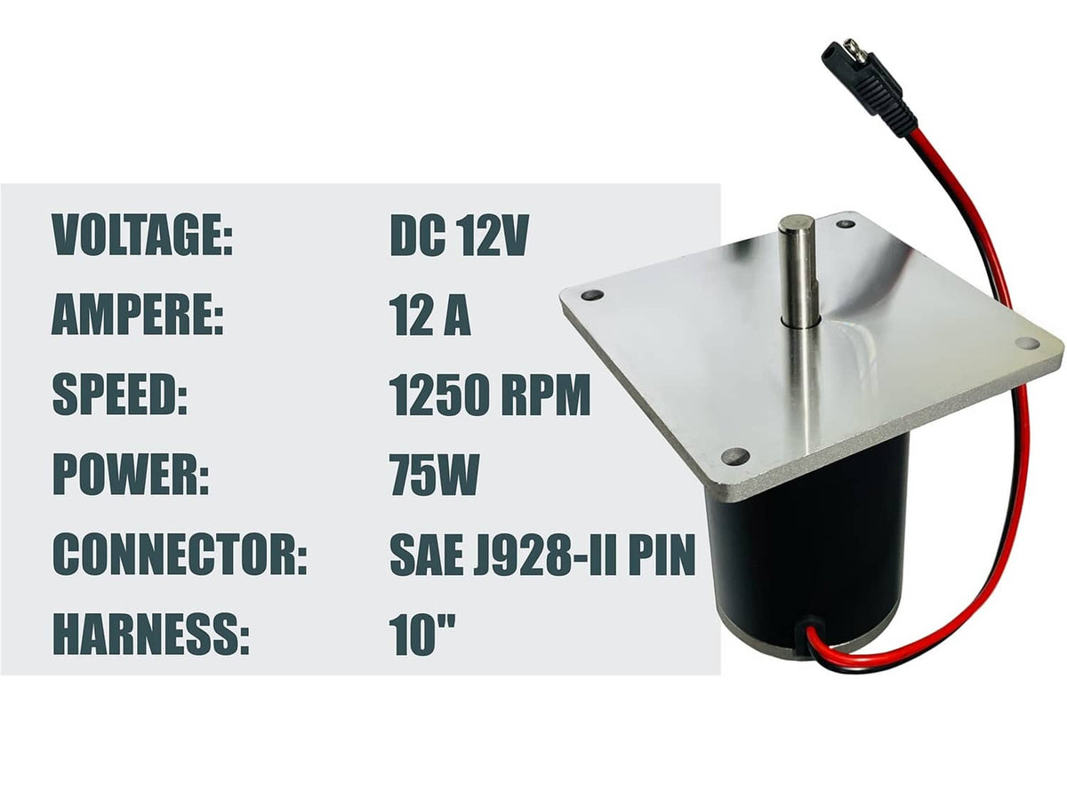 DC salt spreader motor with black housing, metal mounting plate, and wiring connector