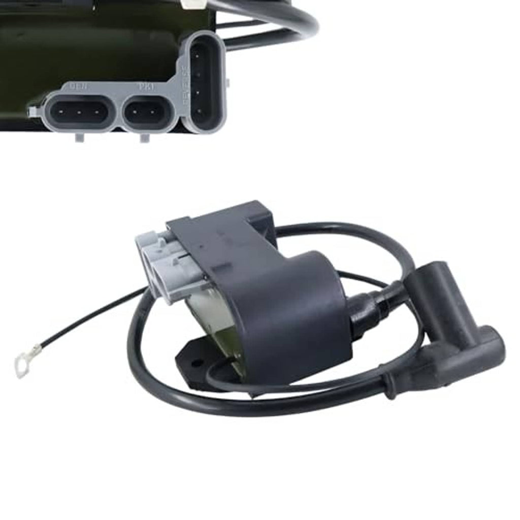 Ignition coil module close-up with gray connector housing and black cable leads