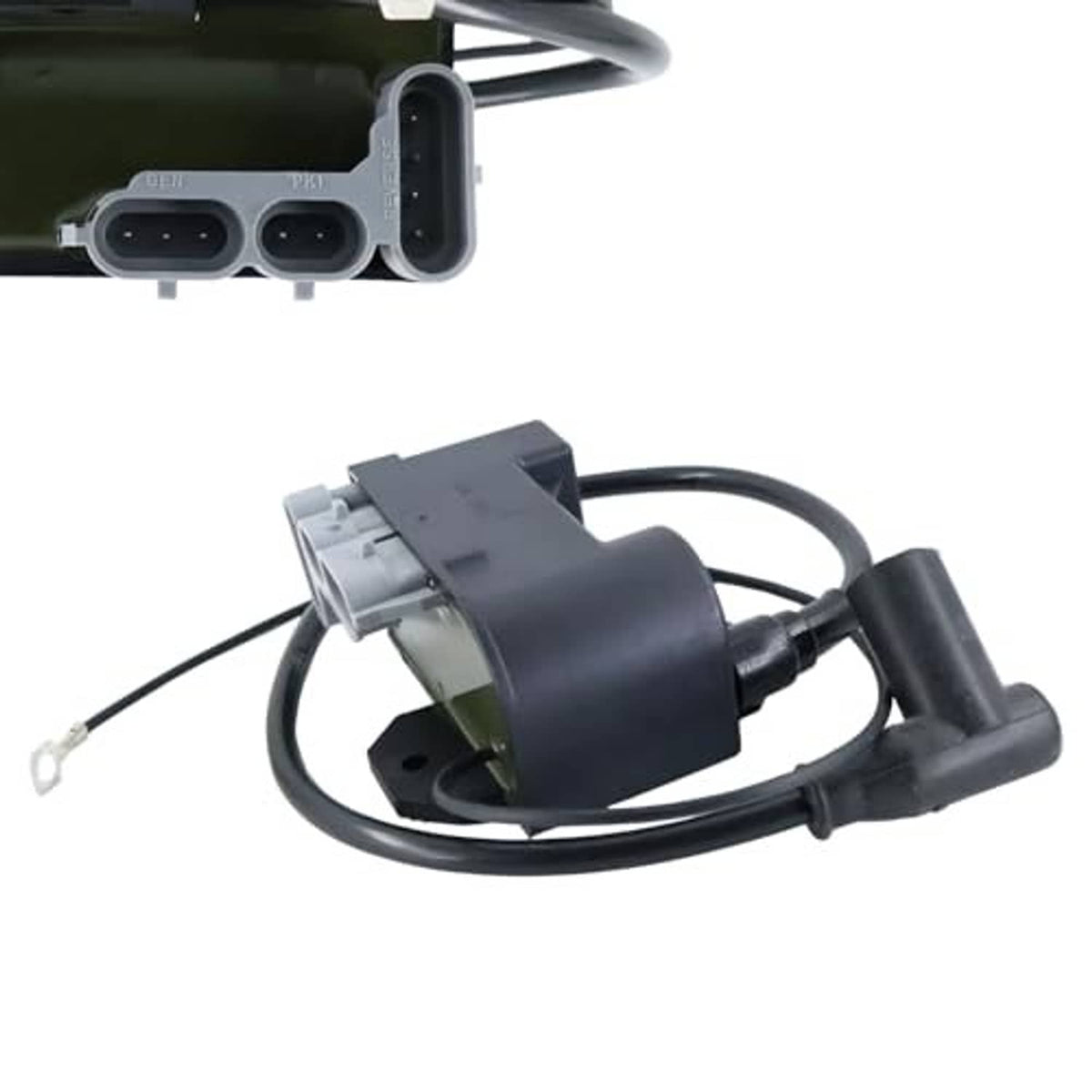 Ignition coil module close-up with gray connector housing and black cable leads