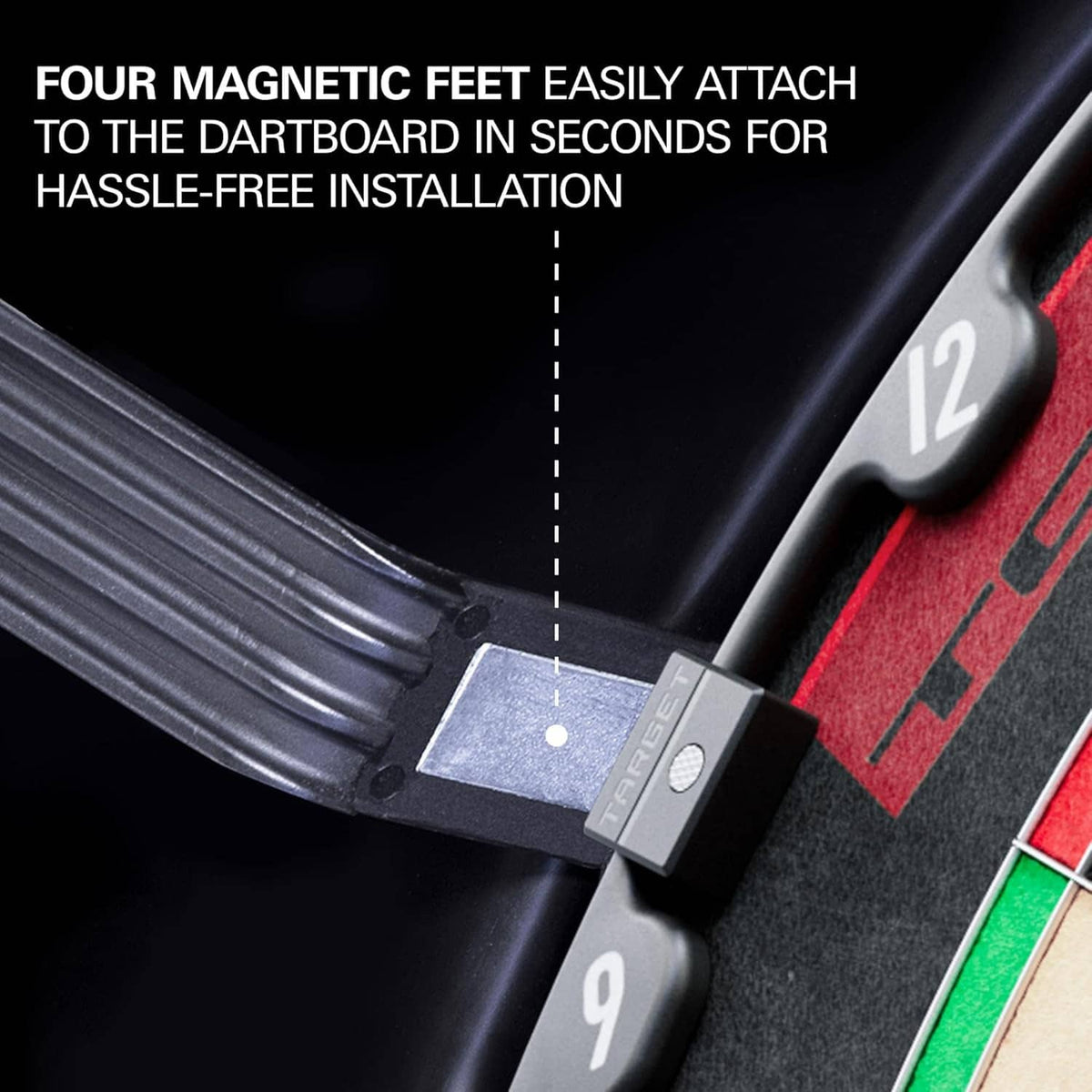 Dartboard lighting system with magnetic feet for quick, no-hassle attachment