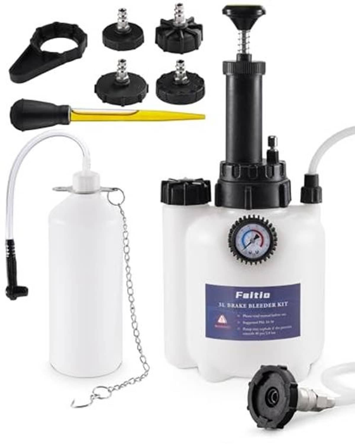 Pressure brake bleeder bottle with gauge, pump handle, tubing, and adapter caps