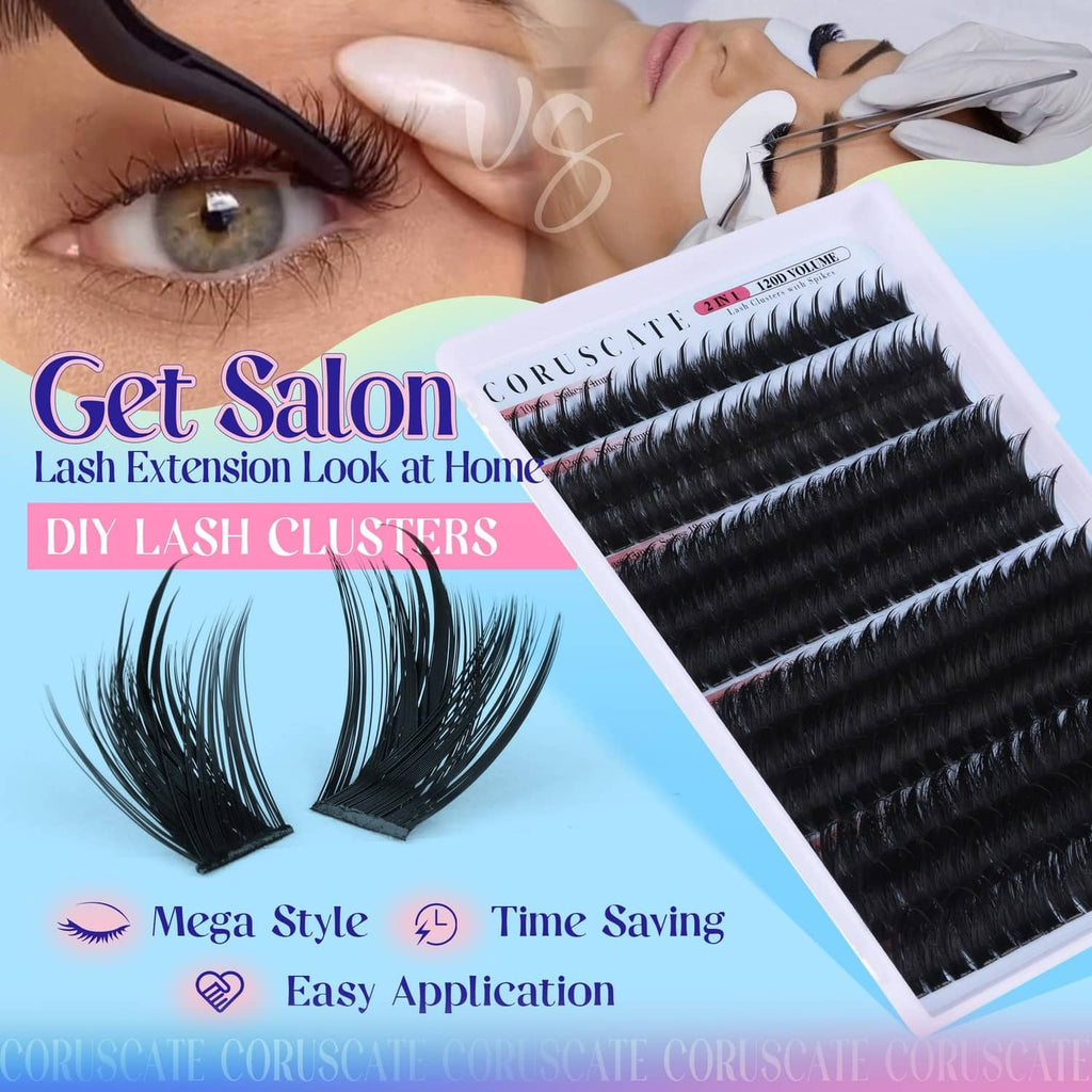 Black lash cluster extensions set with applicator and eye close-up