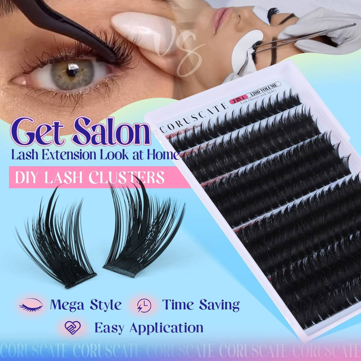 Black lash cluster extensions set with applicator and eye close-up