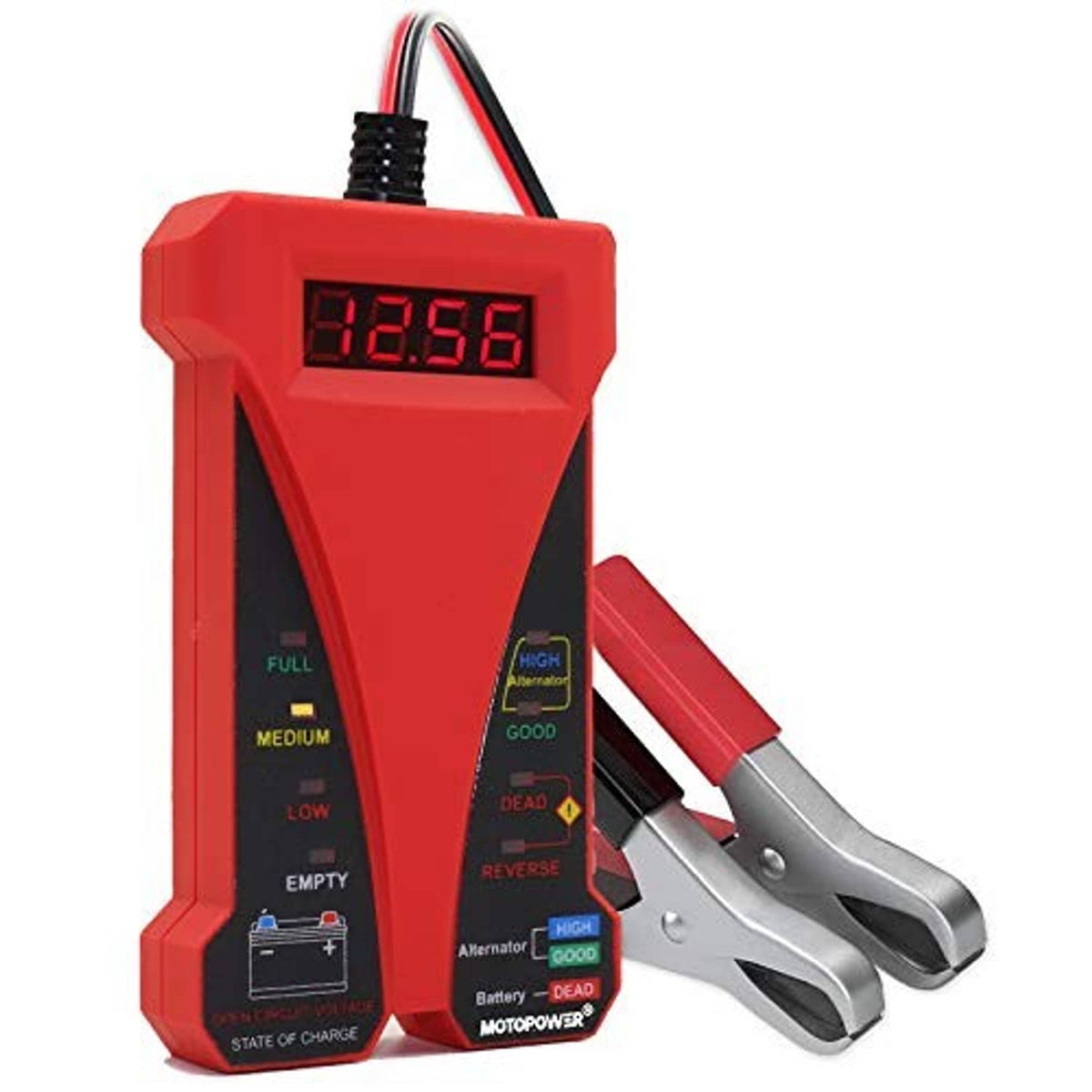 Red digital 12V battery tester with LCD reading and silver alligator clamps