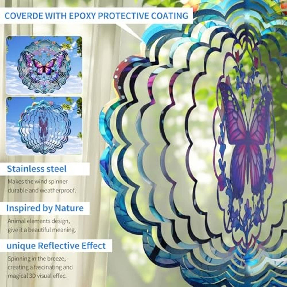Butterfly wind spinner with reflective layered metal scallops and purple butterfly