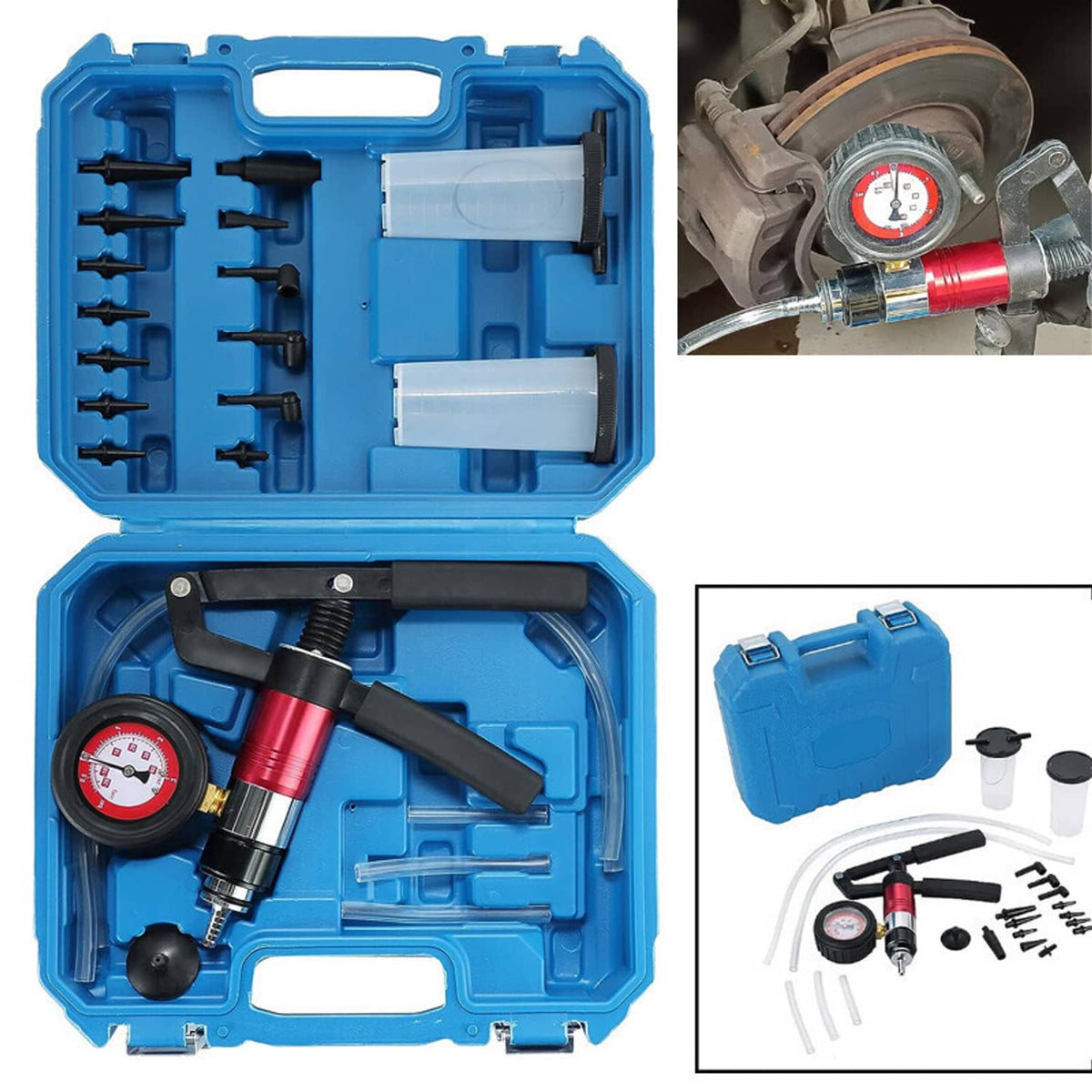Brake fluid vacuum bleeder kit open in case with gauge, red pump, and adapters