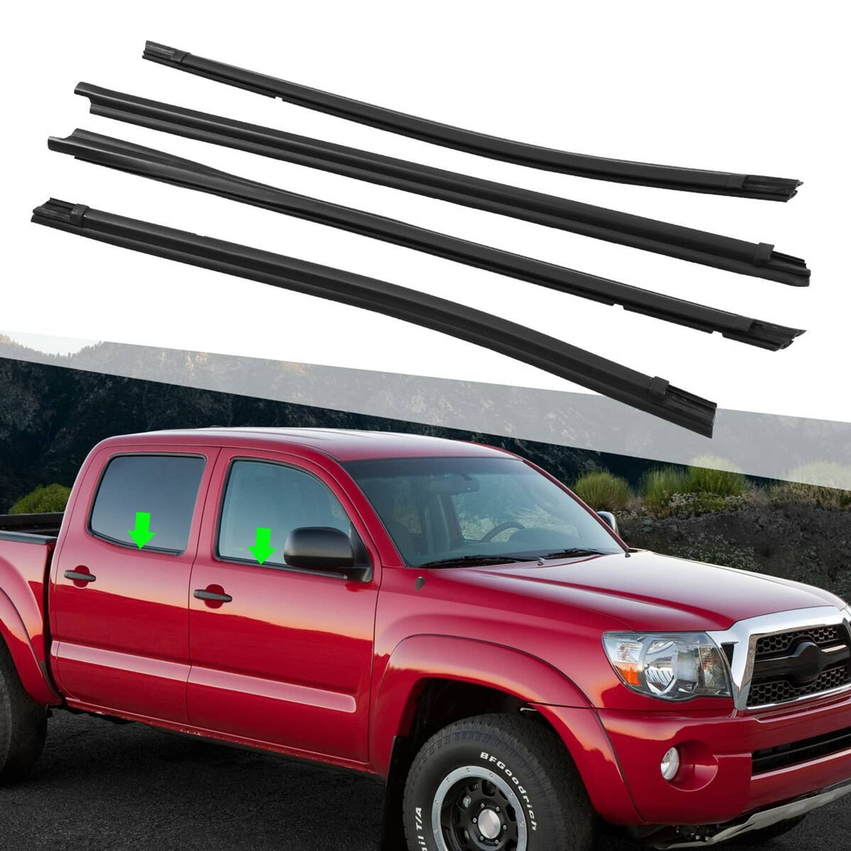 Set of black window weatherstrip trim seals, long rubber strips for vehicle doors