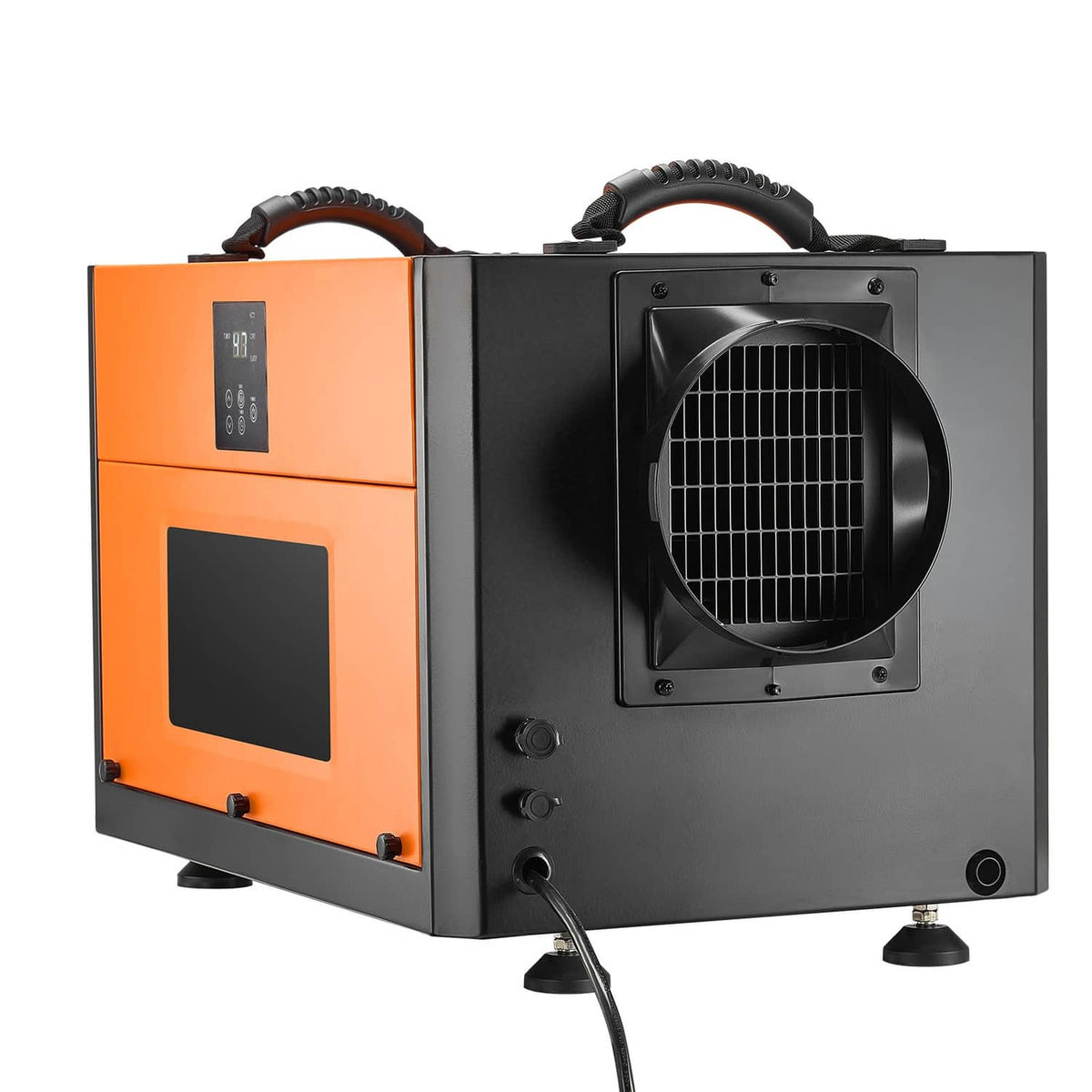 Commercial dehumidifier with black fan grille, orange control panel, and drain hose