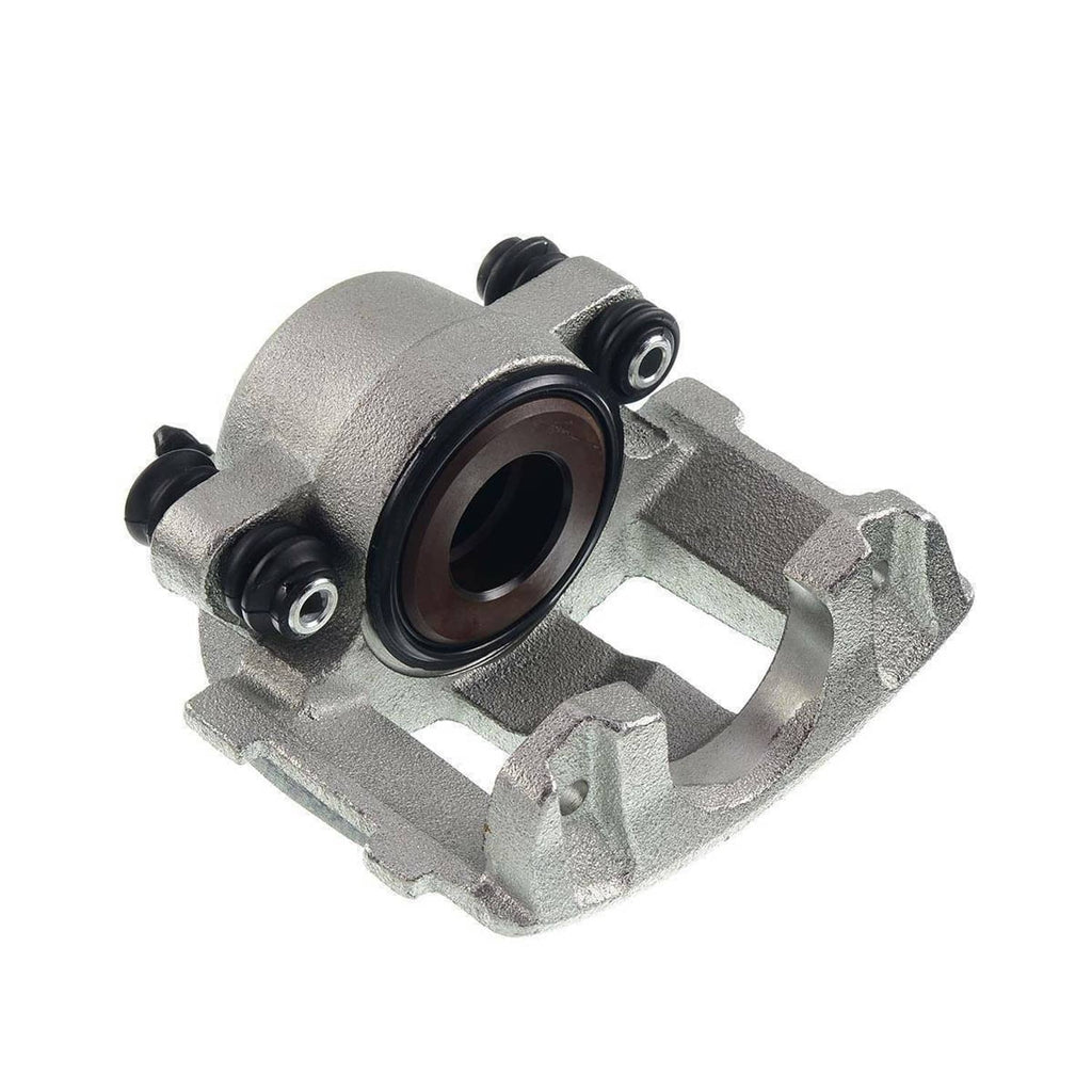 Silver front brake caliper assembly with mounting bracket and rubber boots