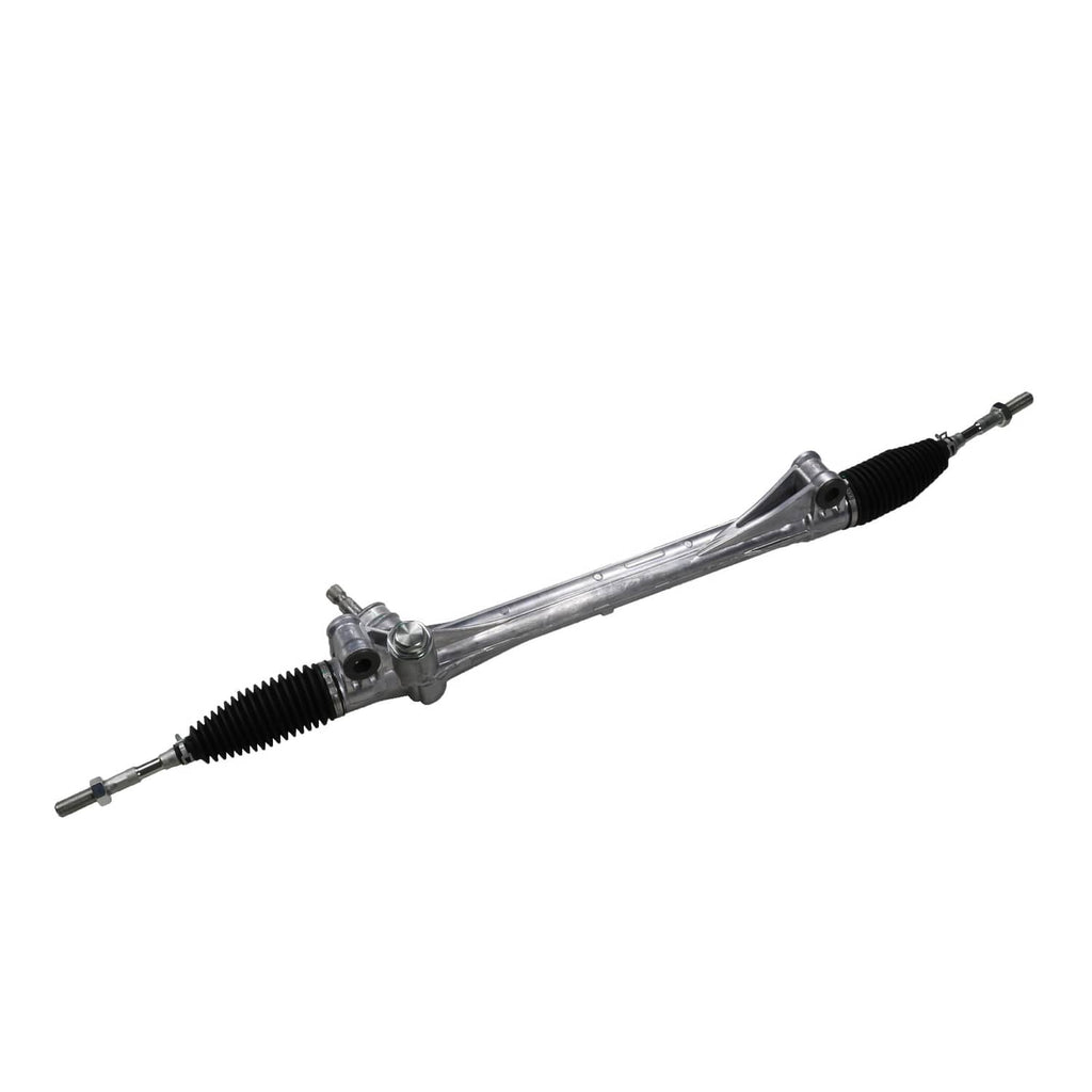 Power steering rack and pinion with black accordion boots and metal center housing.