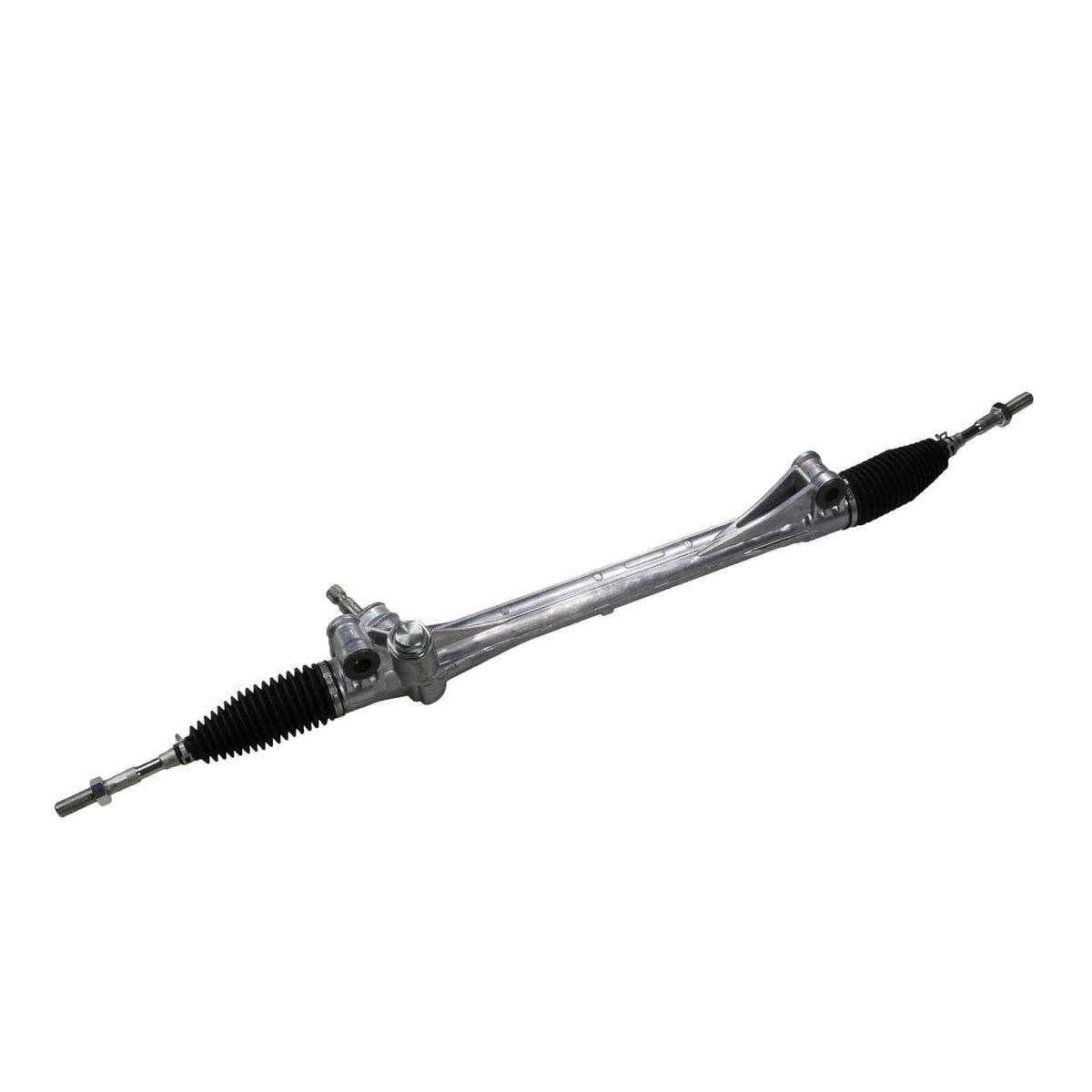 Power steering rack and pinion with black accordion boots and metal center housing.