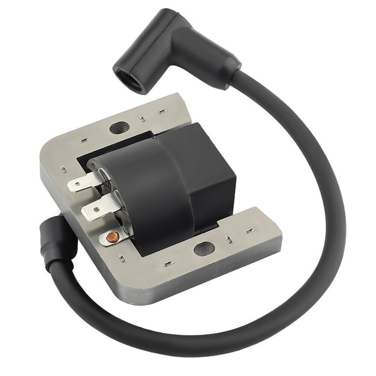 Ignition coil module with black housing, metal plate terminals, and curved black cable