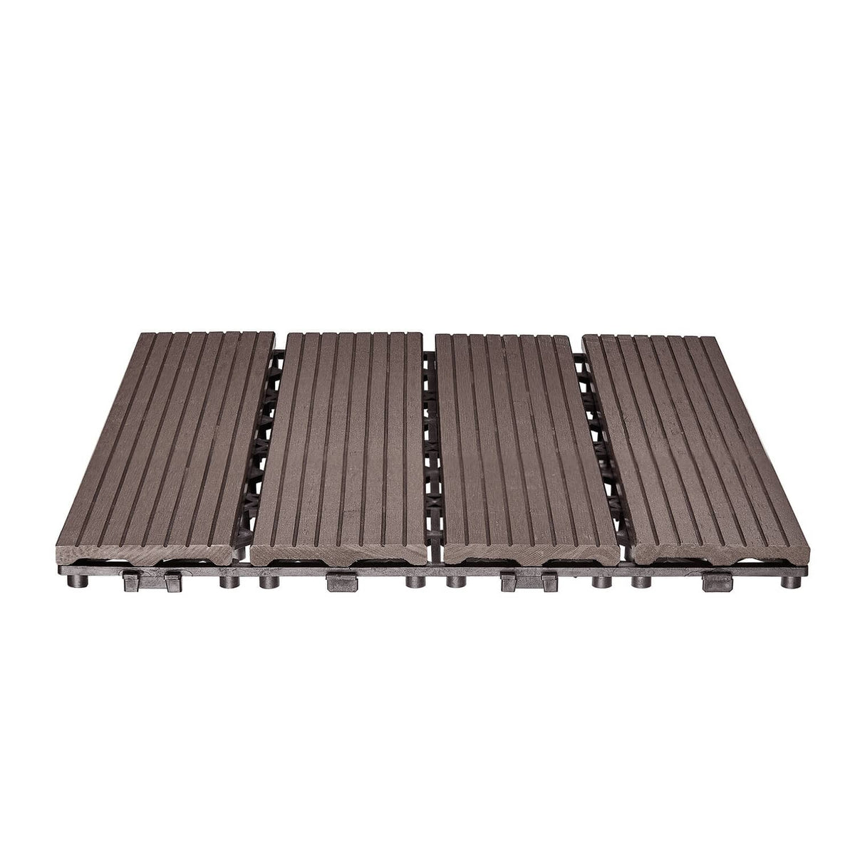 Interlocking deck tiles with underside tabs, wood-look brown plastic square panels