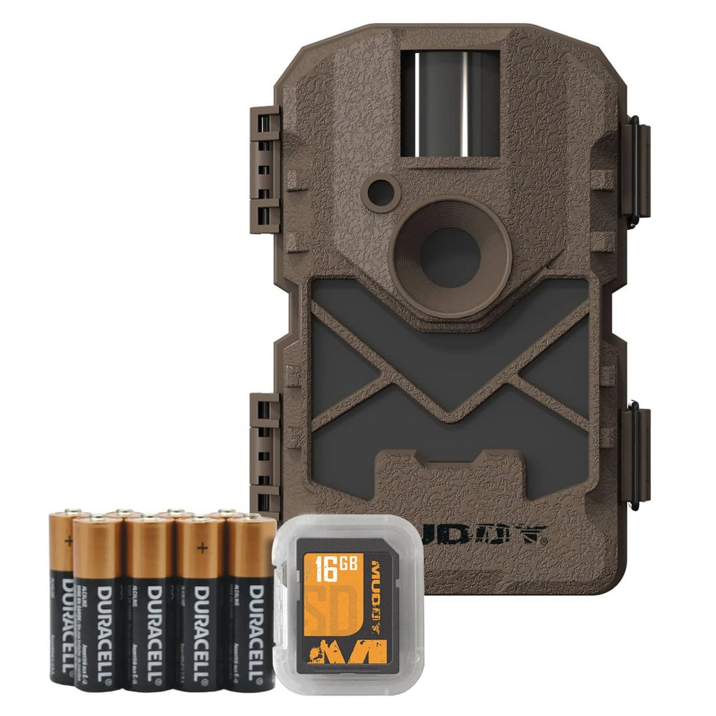 Trail camera housing with batteries and 16GB SD card, camo brown design.